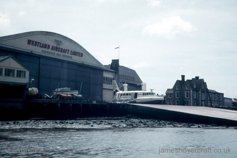 The SRN2 at Cowes - SRN2 landed on the slipway at BHC Columbine Works, Cowes, Isle of Wight (credit: Pat Lawrence).